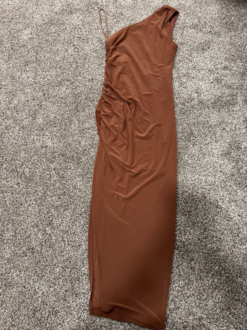 Express Ruched Brown One Shoulder Slit Dress